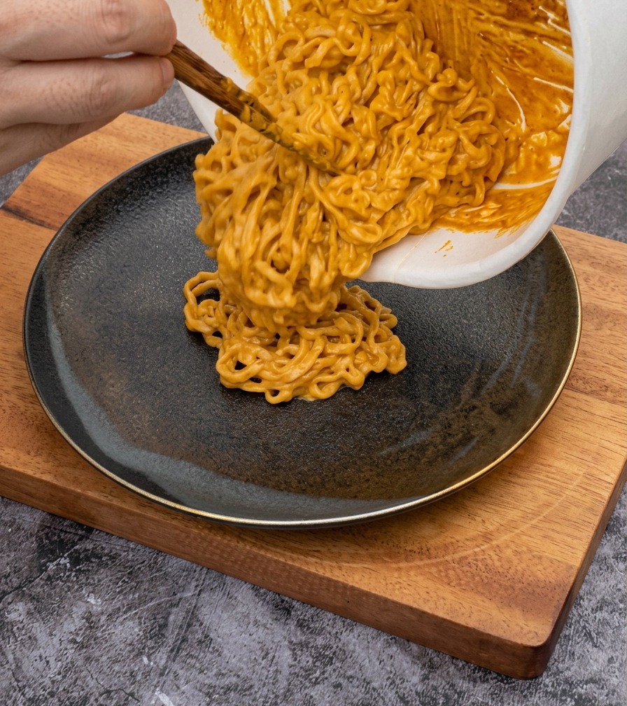 白い調理鍋から、オレンジ色のとろけるチーズ麺が丸い黒いお皿へと流れ落ちるように盛り付けられている様子。