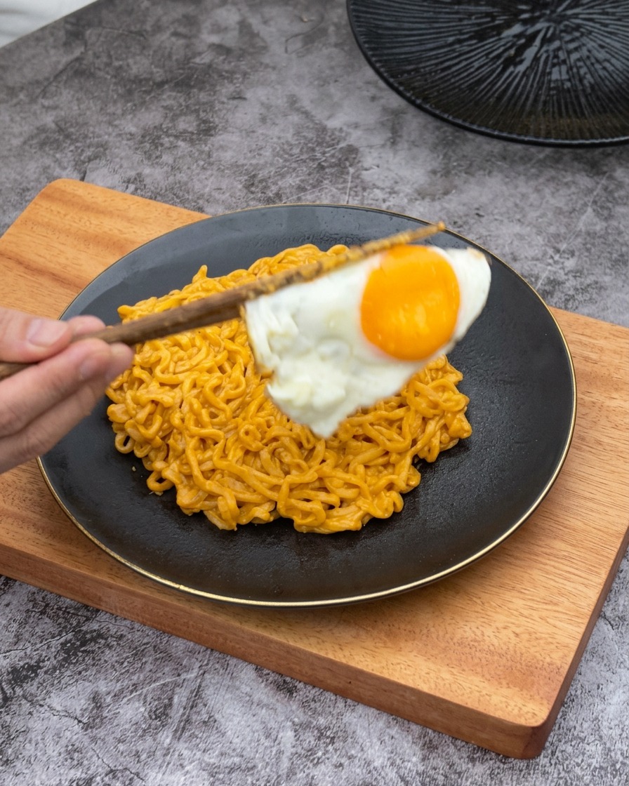 木製の箸を使い、黒いお皿に盛られたオレンジ色のチーズ麺の上に、綺麗に焼けた目玉焼きをそっと乗せている様子。