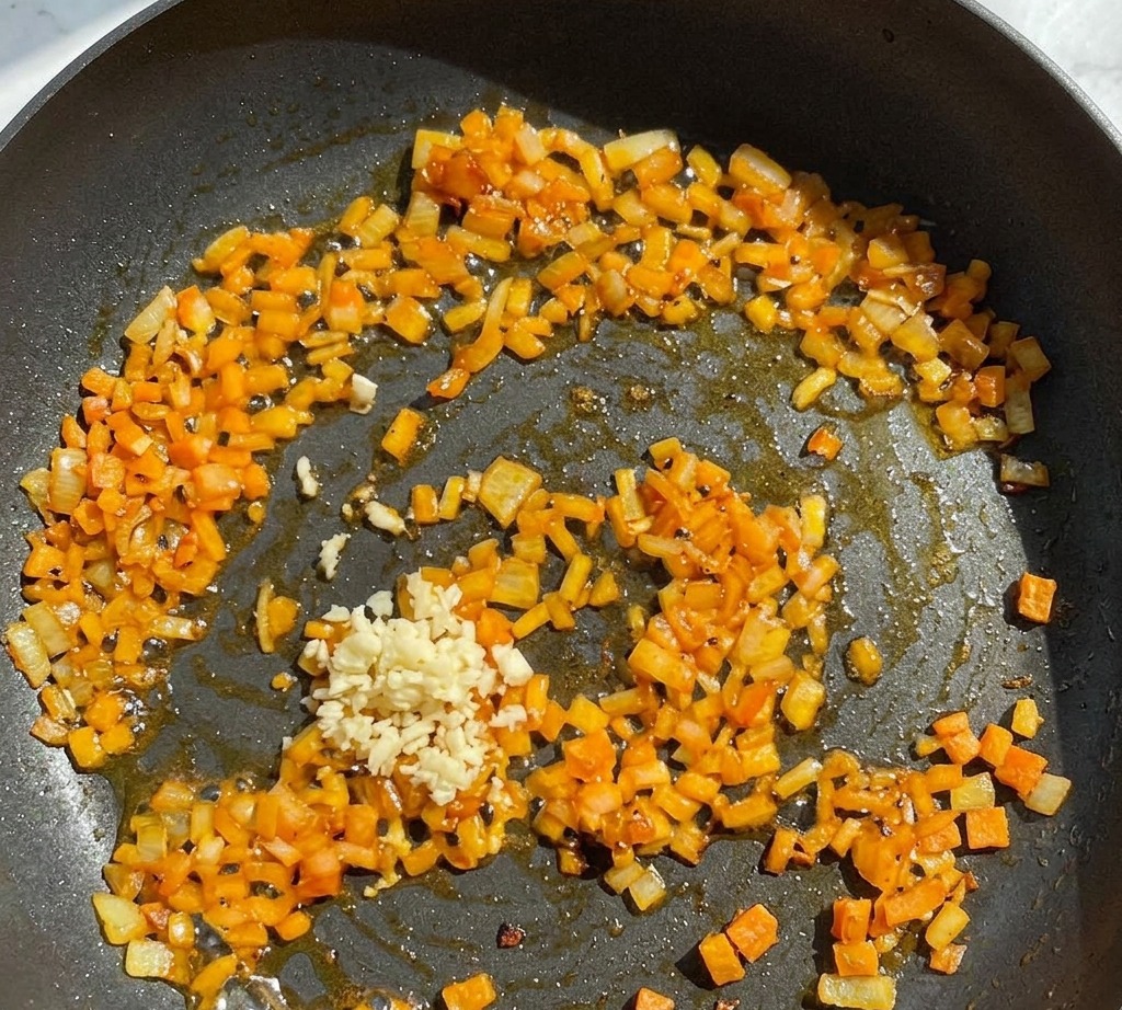 しんなりとした玉ねぎが炒められたフライパンに、みじん切りのにんにくを加えた様子。