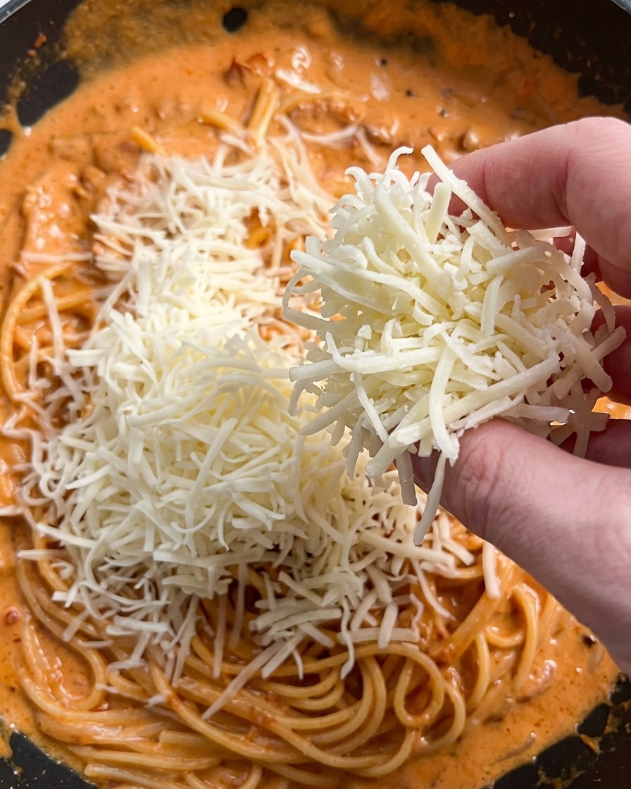 大きなフライパンのクリームパスタの上に、手で削りたての白いパルメザンチーズを振りかけている様子。