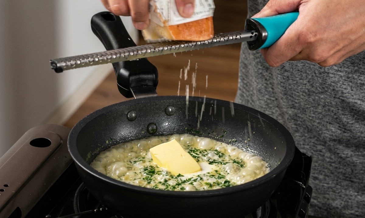 コンロの上で温まっているパスタソースに向かって、ハンドおろし金を使ってチーズをすりおろしている様子。
