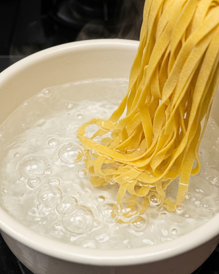 沸騰して泡立つお湯の入った鍋に、黄色のフェットチーネパスタを沈めている様子。