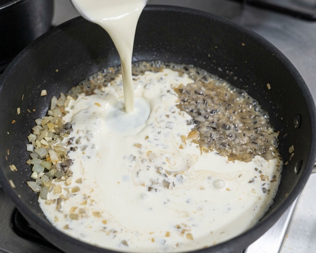 炒めた野菜とワインが入った黒いフライパンに、ホワイトソースを作るために生クリームを注いでいる様子。