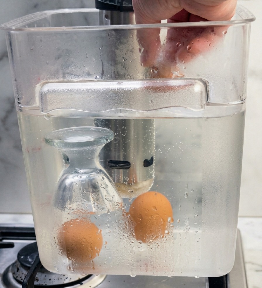 低温調理器(スロークッカー)をセットした透明なウォーターバス容器に、生卵をそっと沈めている様子。