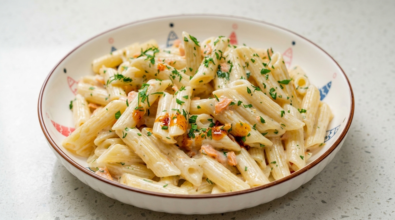 ピリ辛ラー油がアクセント！スモークサーモンのクリームペンネ（Penne con Panna e Salmone）