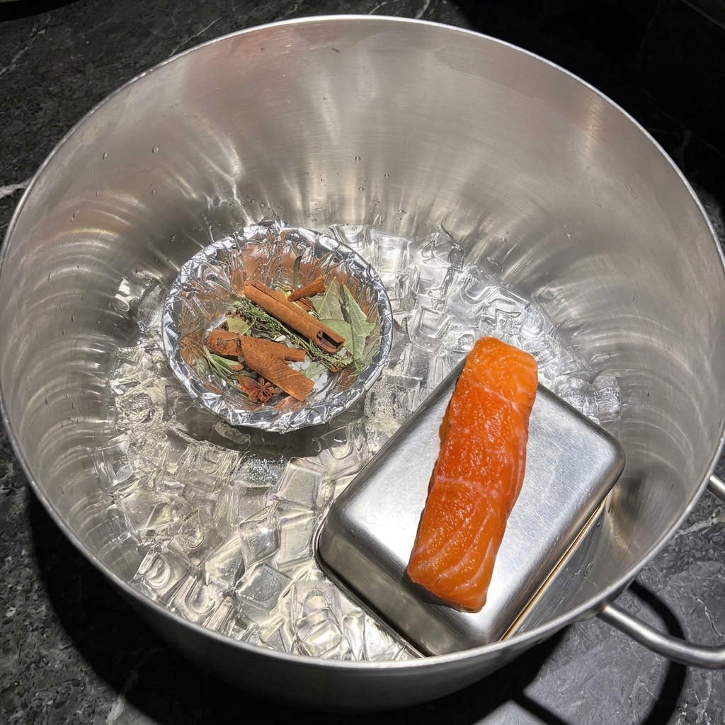 氷を敷き詰めた鍋にサーモンとスパイスをセットする様子