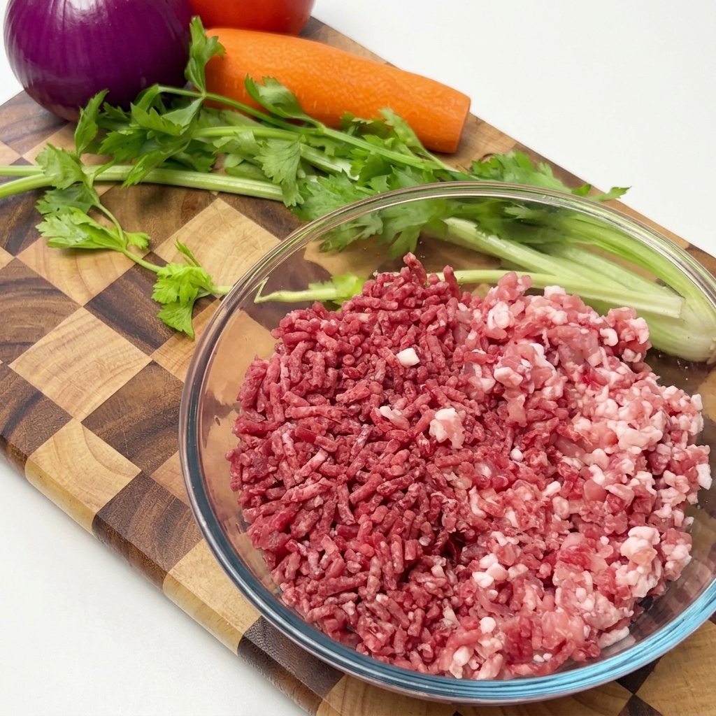 木製のカッティングボードの上に置かれた、生の豚挽き肉と牛挽き肉が入ったガラスボウル。背景には丸ごとの野菜が見える。