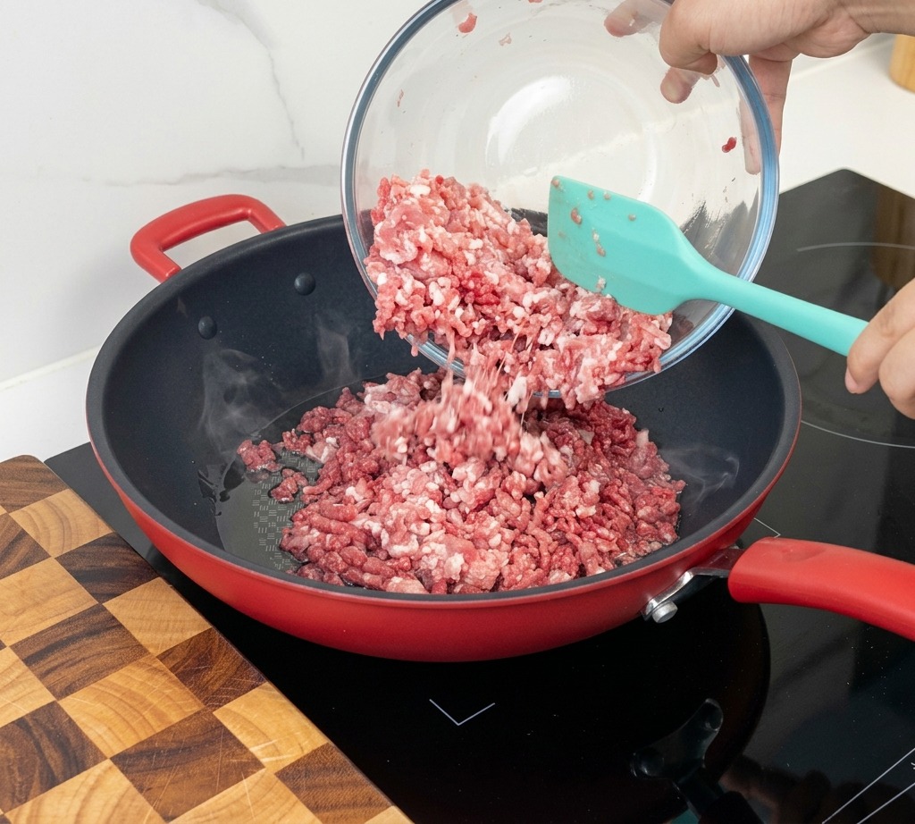 ガラスボウルから生の挽き肉を、ティール色のシリコンスパチュラを使って熱した赤いフライパンへ移している様子。