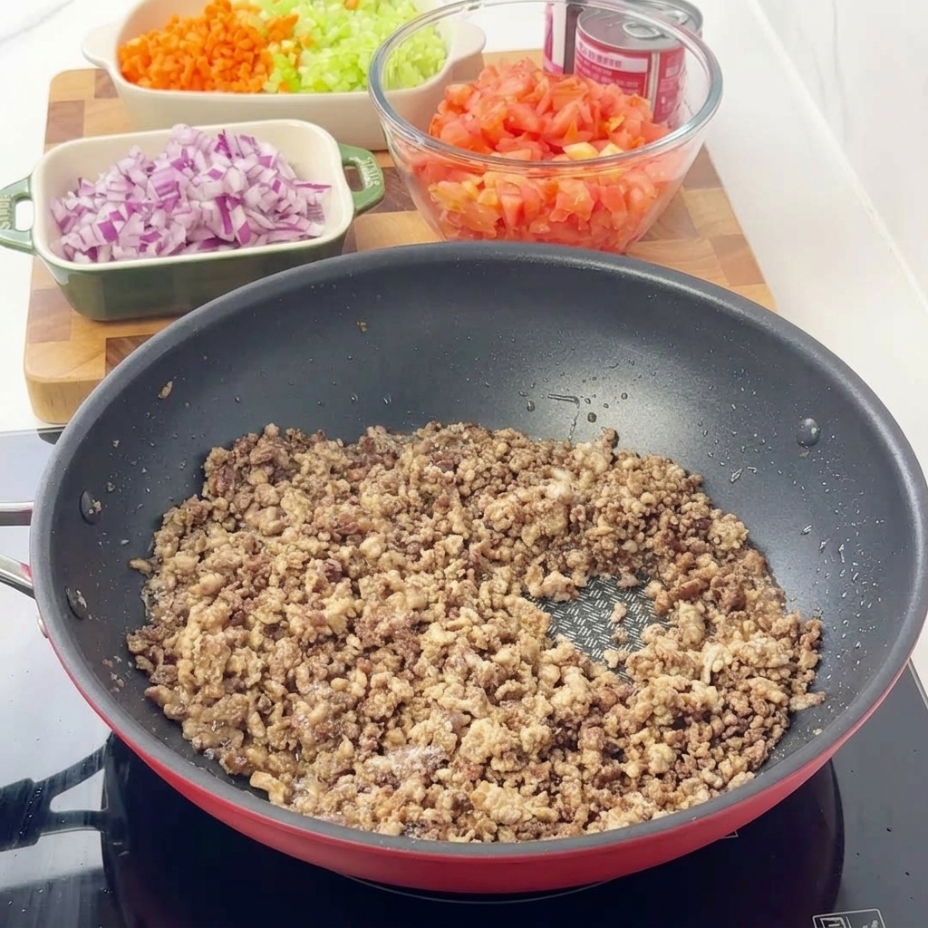 赤いスキレットの中で、パラパラになり茶色く色づいた挽き肉を炒めている様子。背景にはみじん切りにした野菜のボウルが見える。