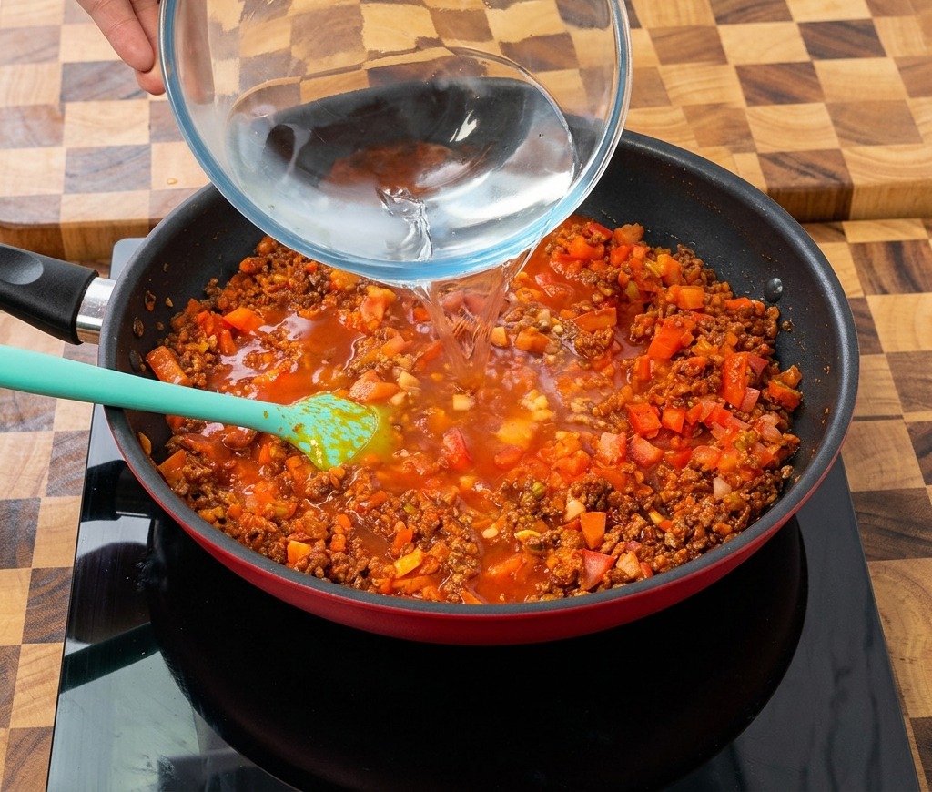 赤いお肉とトマトのソースベースが入った大きめのフライパンに、ガラスボウルから澄んだ水を注ぎ入れている様子。