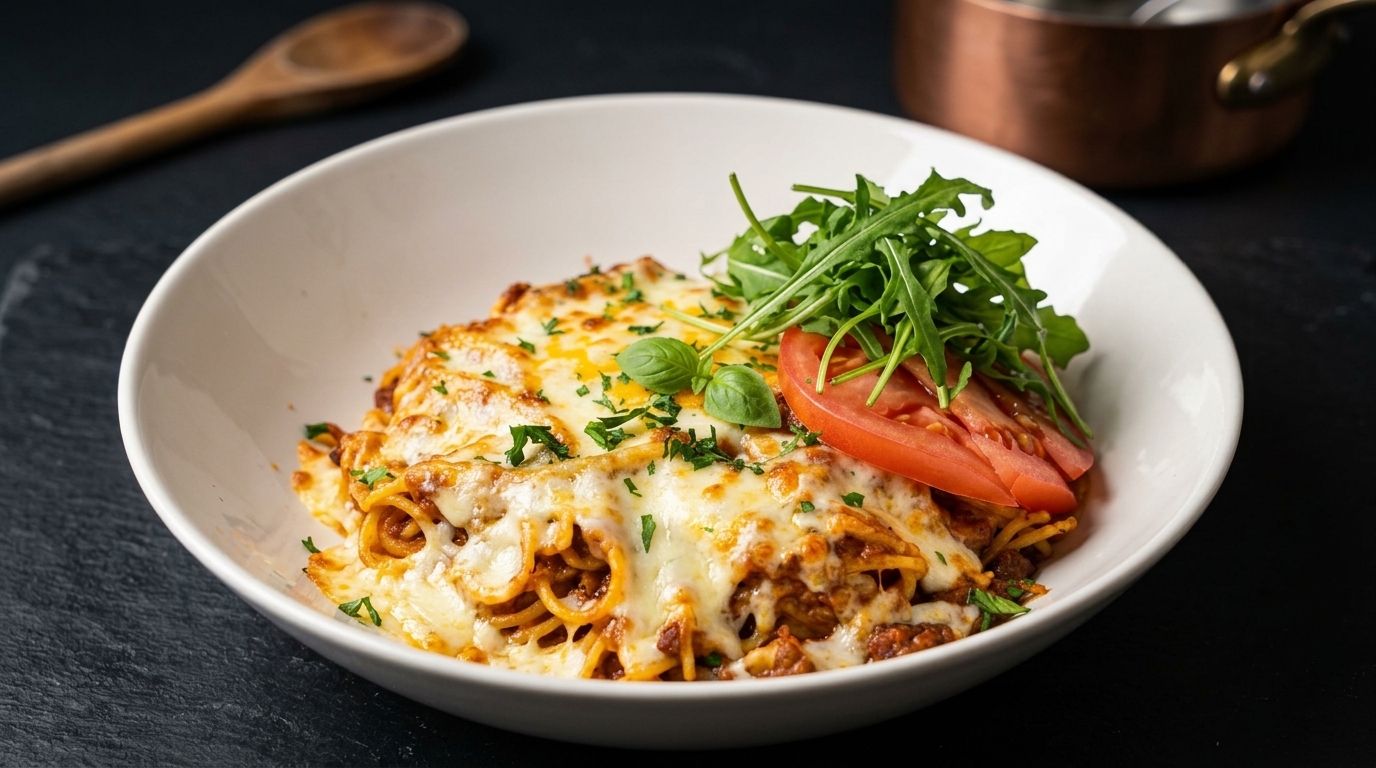 とろけるチーズと卵黄の焼きボロネーゼパスタ