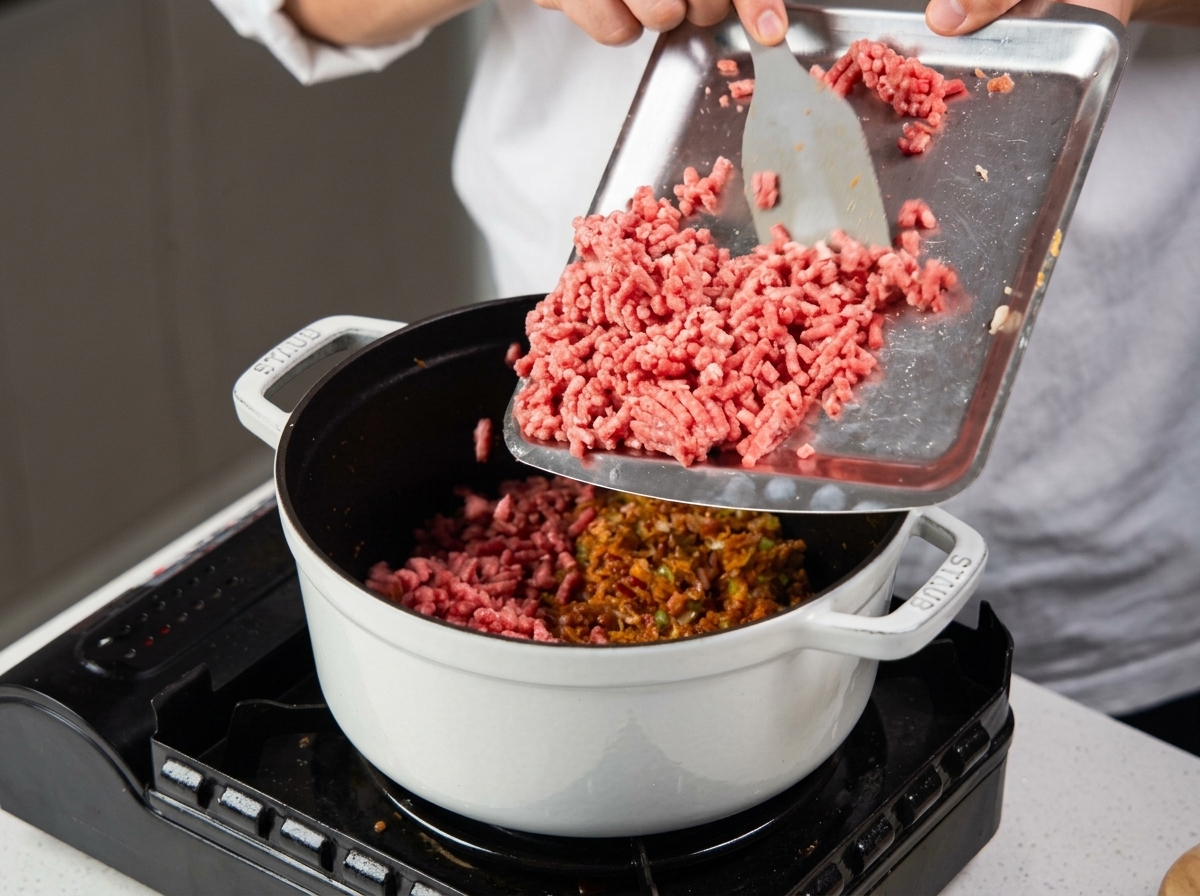 炒めた野菜ミックスが入った鍋の中に、金属トレイから牛ひき肉をヘラで移している様子。