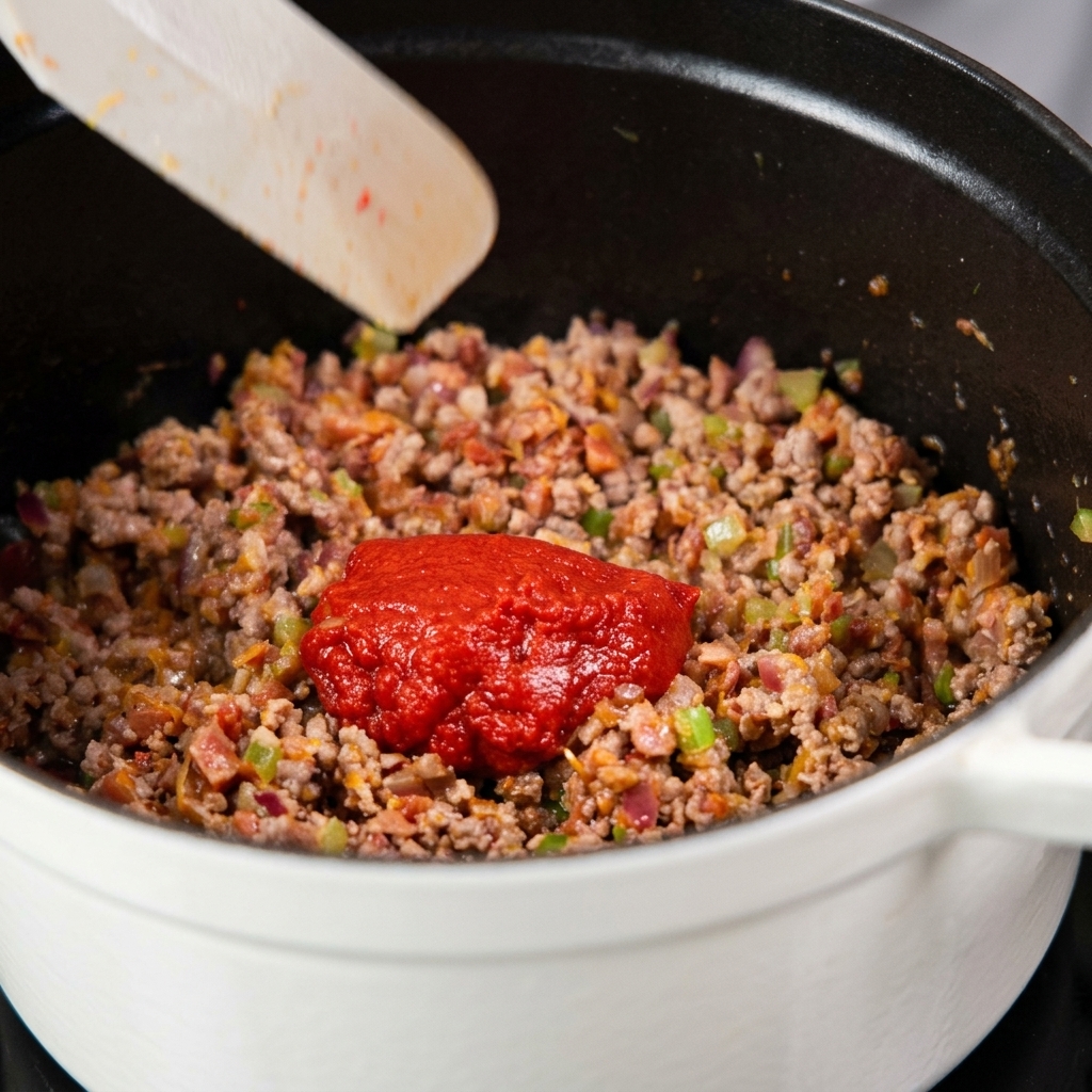 鍋の中の炒めたひき肉と野菜の上に、鮮やかな赤色のトマトペーストがこんもりと乗っている様子。