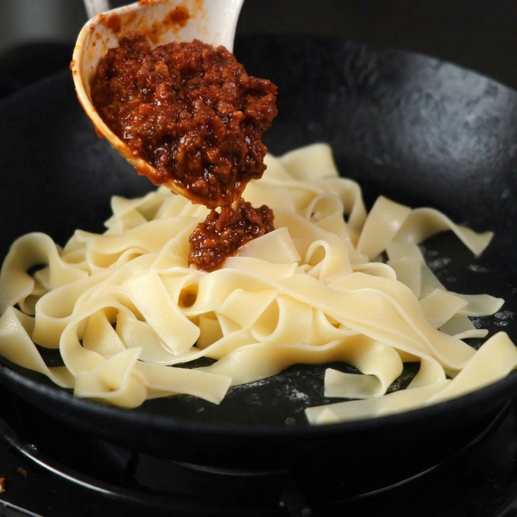 黒いフライパンに盛られた茹で立ての幅広パスタの上に、お玉で濃厚なミートソースをたっぷりとかけている様子。