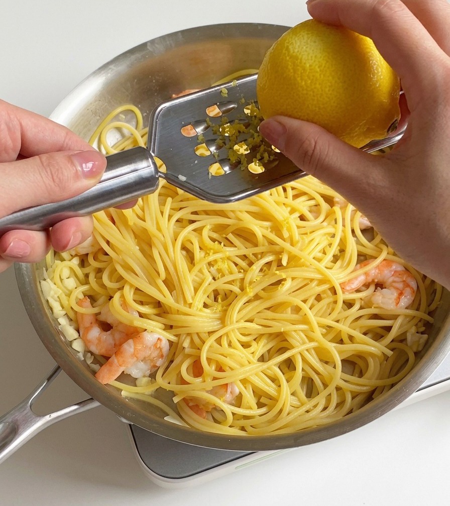 スパゲッティとピンク色に茹で上がったエビが入った鍋の上で、ゼスターグレーターを使って新鮮なレモンの皮を削り入れている様子