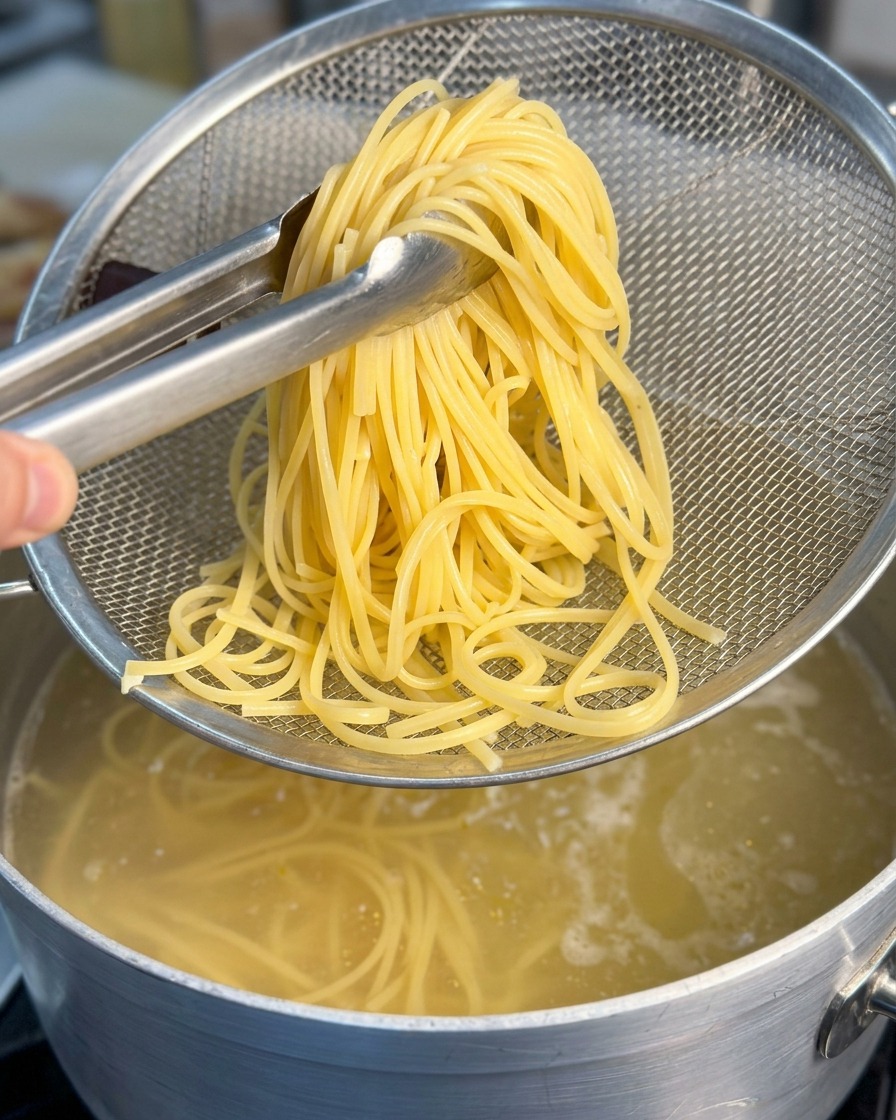 トングを使って、沸騰したお湯の鍋から黄色いスパゲッティの束を持ち上げ、メッシュの金属製ザルに移している様子。