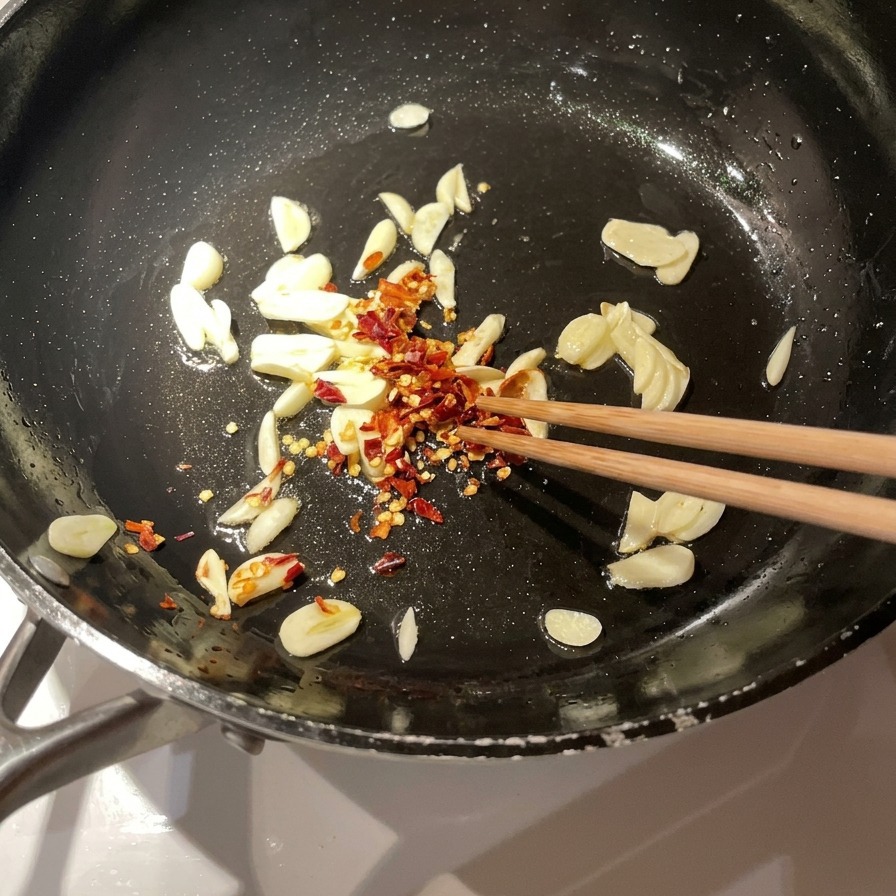 にんにくの香りが漂うフライパンのオイルの中に、乾燥輪切り唐辛子が投入されて混ぜ合わされている様子。