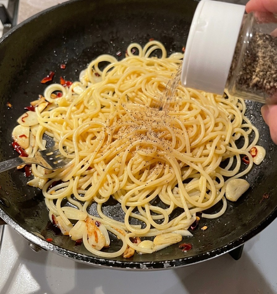 白いキャップのミルを使い、フライパンの中の調理されたパスタの上から新鮮な調味料を挽いて振りかけている手の様子。