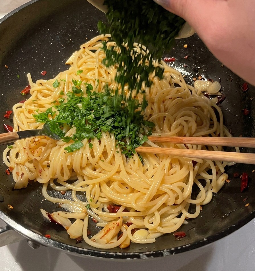 みじん切りにされた新鮮なイタリアンパセリが入ったボウルから、にんにくオイルスパゲッティのフライパンへ一気に投入している様子。