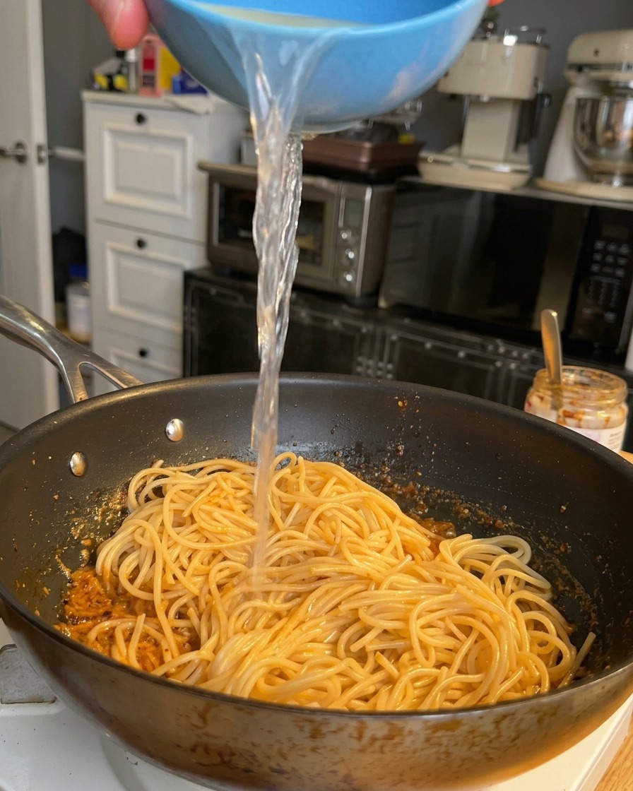 クリームソースと和えられたスパゲッティのフライパンに、青いボウルから澄んだパスタの茹で汁を注いでいる様子。