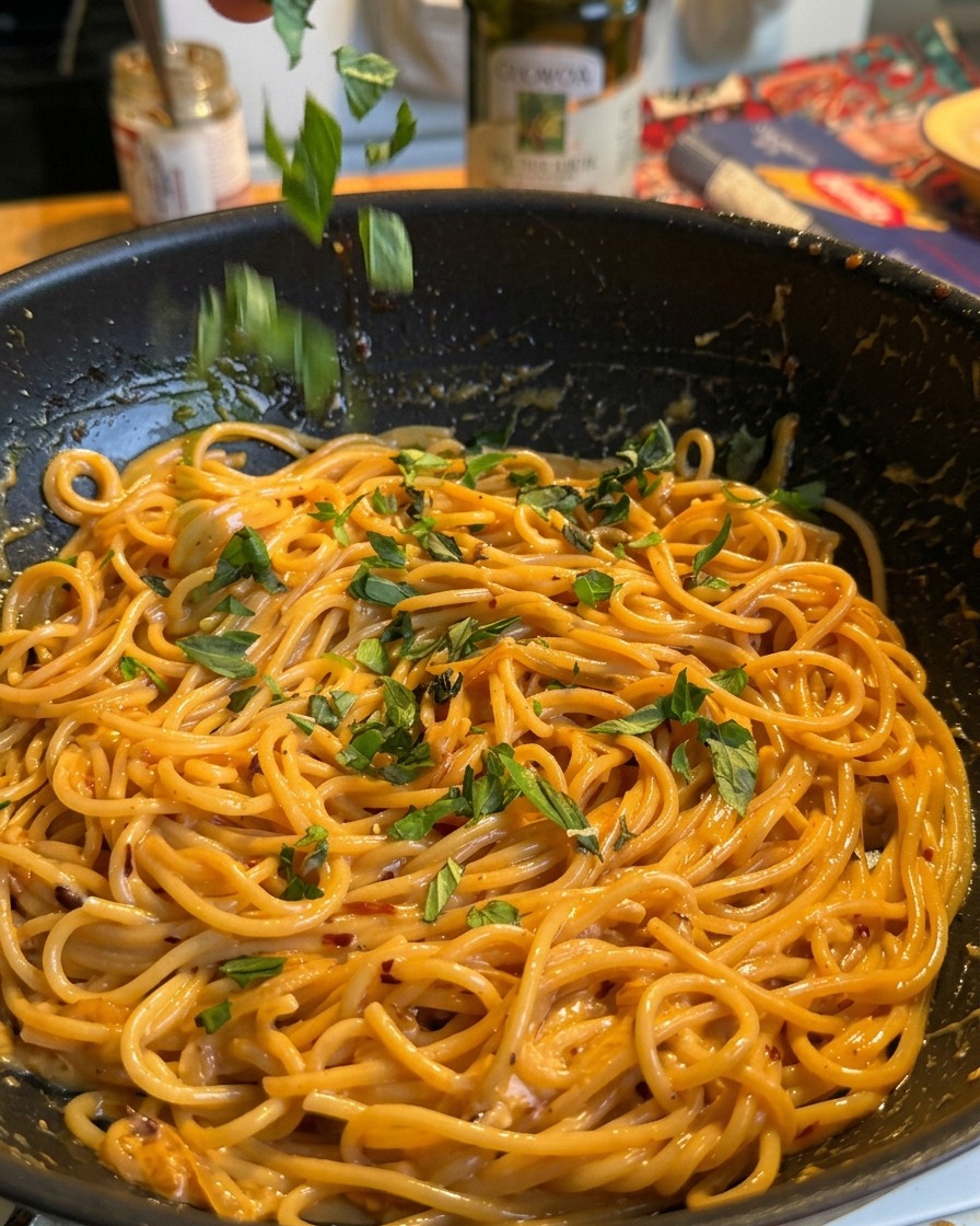 完成したクリーミーなチリガーリックパスタの上に、刻みたての緑鮮やかなバジルの葉を散らしている様子。