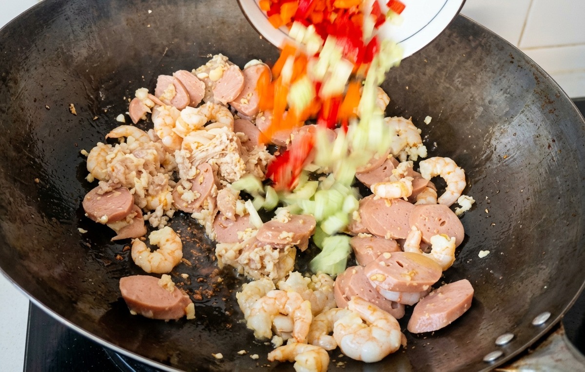 お肉と海老が炒まった中華鍋に、白いボウルから角切りの赤パプリカと刻んだ緑のセロリを加える様子。