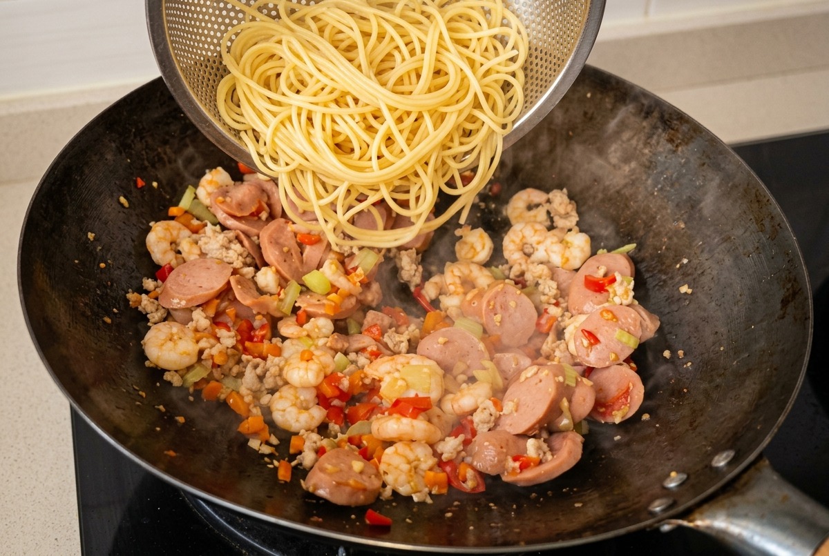 お肉や野菜がカラフルに炒められた中華鍋の中に、金属製のザルから茹で上がったスパゲティの麺を移し入れている様子。