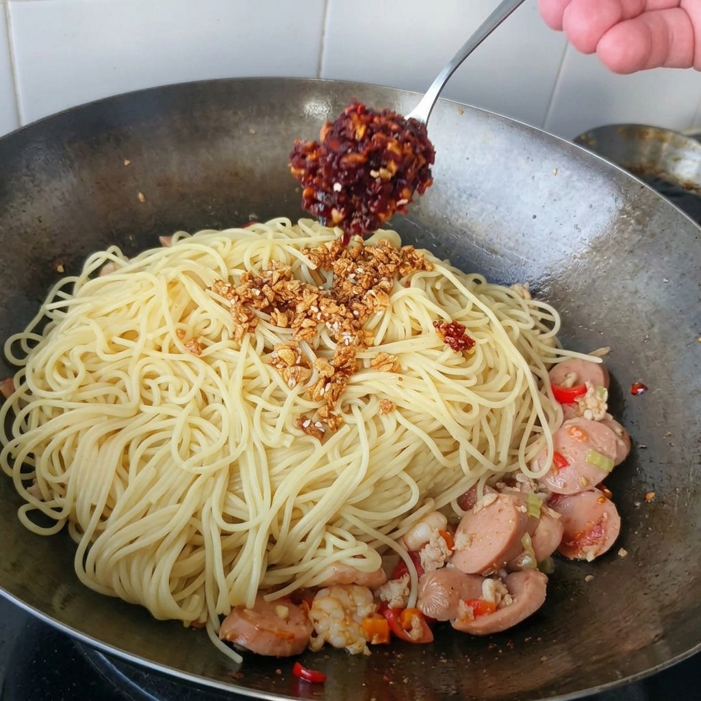 中華鍋の中のスパゲティに、金属製のスプーンから鮮やかな赤色のラー油と唐辛子の具をたらしている様子。