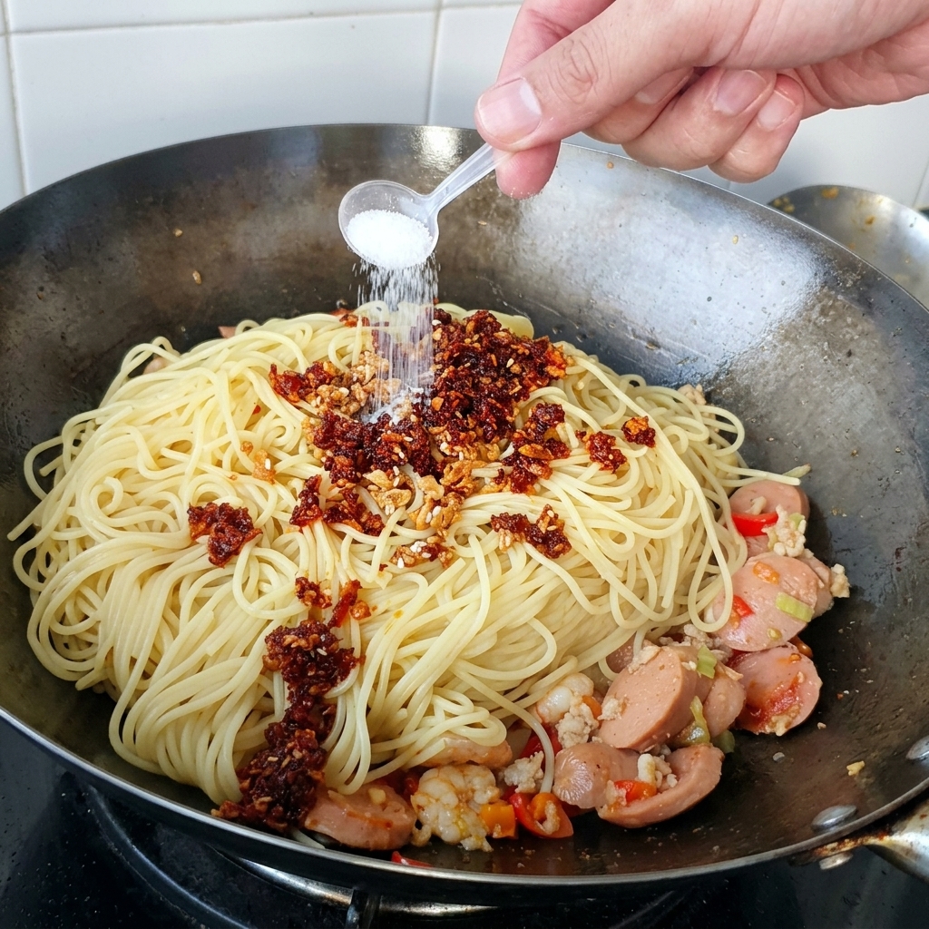 ラー油とにんにくで味付けされた麺の上に、小さなプラスチック製のスプーンから塩をパラパラと振りかけている様子。
