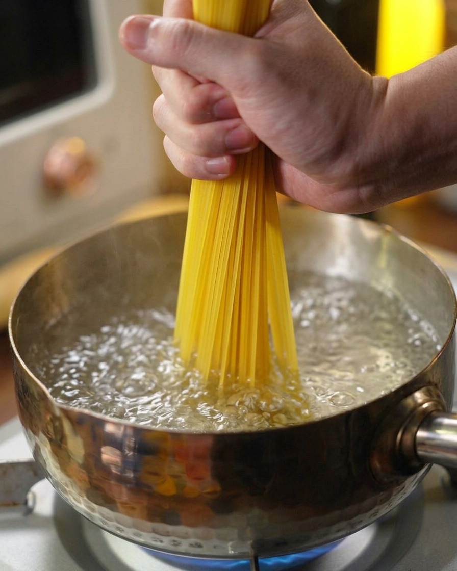 勢いよく沸騰したお湯が入った鍋に、手で乾燥スパゲッティを入れている様子。