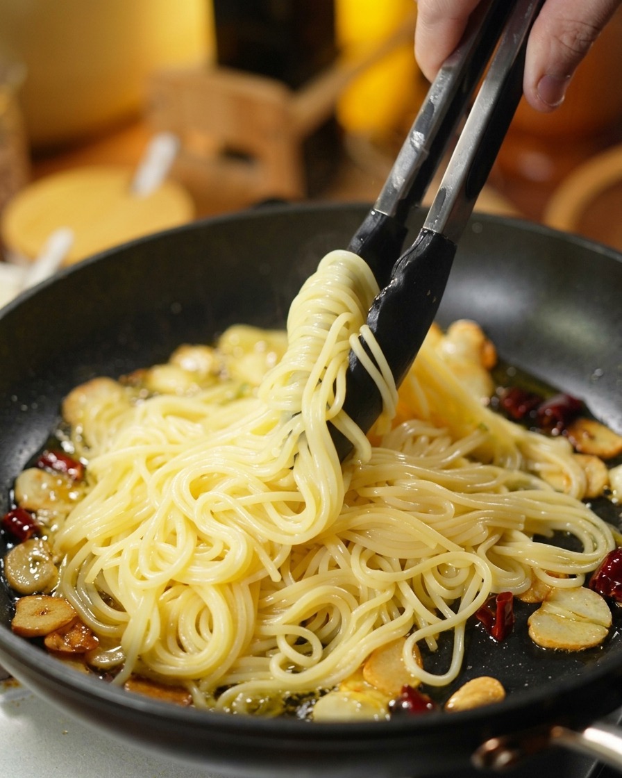 トングを使って、茹で上がったスパゲッティを鍋からニンニクと唐辛子の香りが移ったフライパンへ直接移している様子。