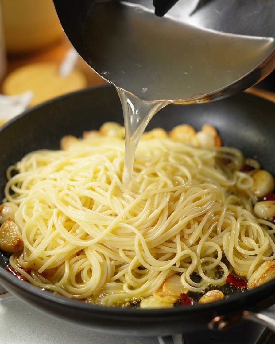 金属製のお玉を使い、白く濁ったパスタの茹で汁を、茹で上がったスパゲッティが入ったフライパンに注いでいる様子。