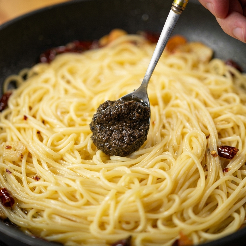 スプーンを使って、フライパンの中のスパゲッティの中央に、濃厚な黒トリュフソースをひとすくい乗せている様子。