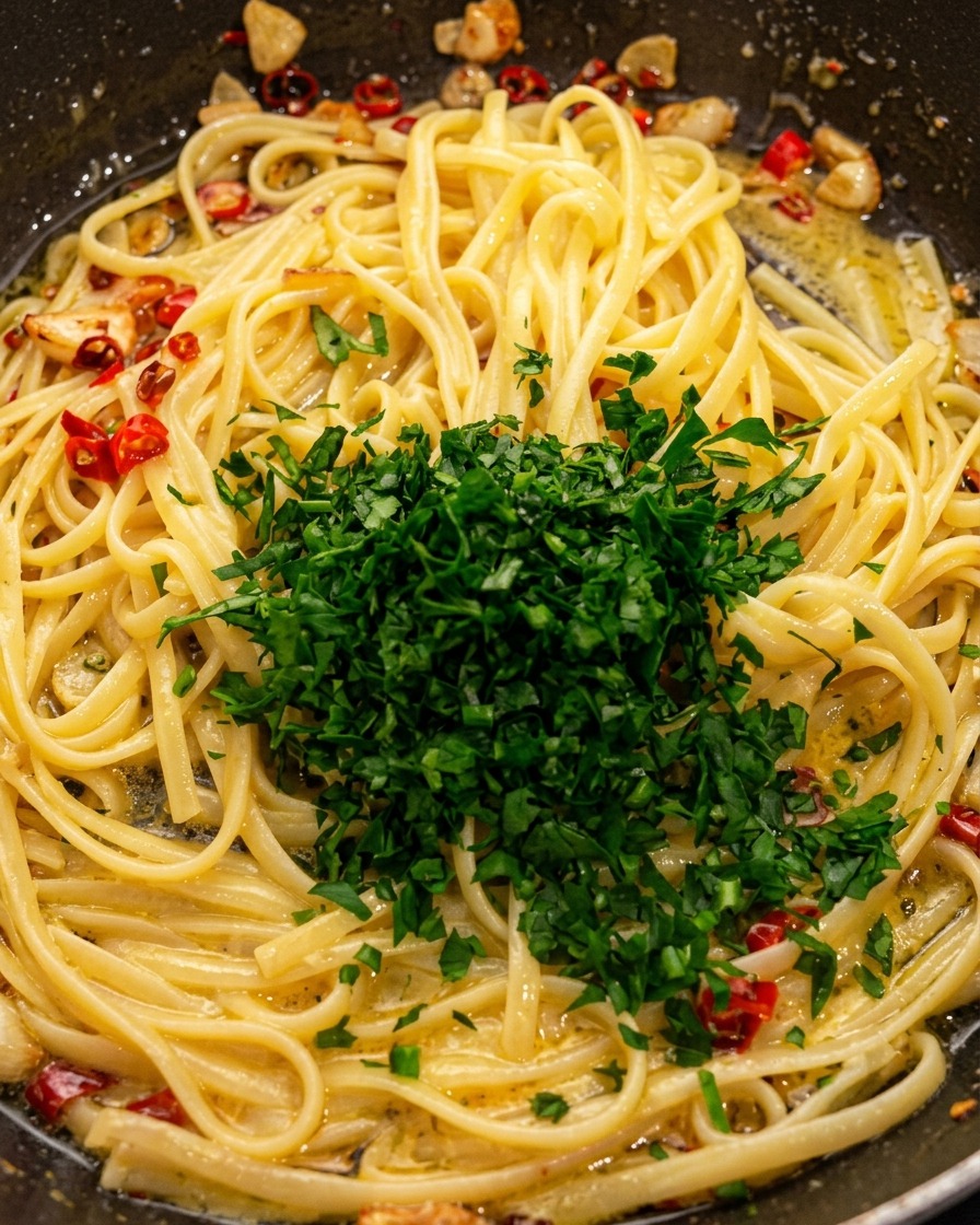 フライパンの中で、にんにくと唐辛子が絡んだパスタの上に、刻んだみずみずしい緑のパセリがたっぷりと乗っている様子