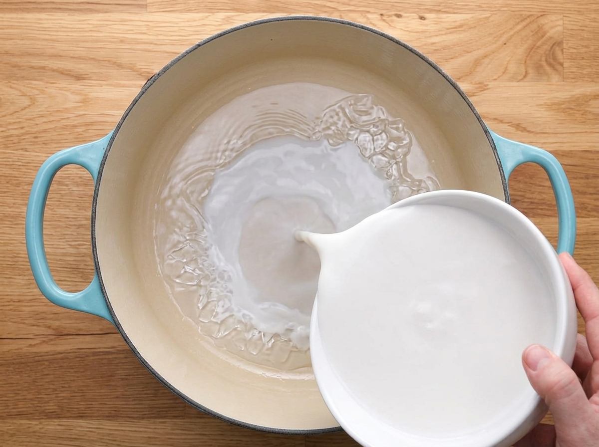 水色の鍋に牛乳を注いでいる様子