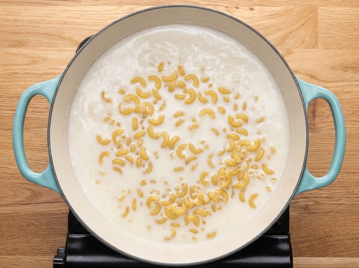 水色の鍋の中で、温まった牛乳に乾燥マカロニが入っている様子