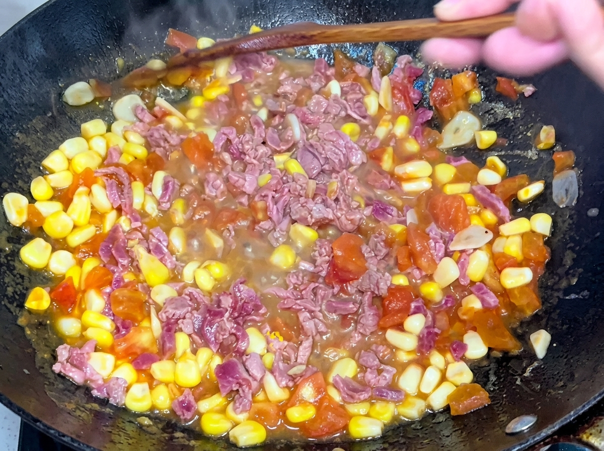 黒い中華鍋の中で、木製のヘラを使って牛ひき肉、コーン、トマトを一緒に力強く炒めている様子。