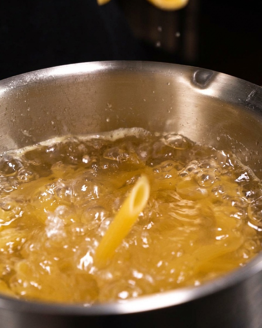 勢いよく沸騰した味付け済みの鍋のお湯に、乾燥した筒状のペンネパスタを投入している瞬間。