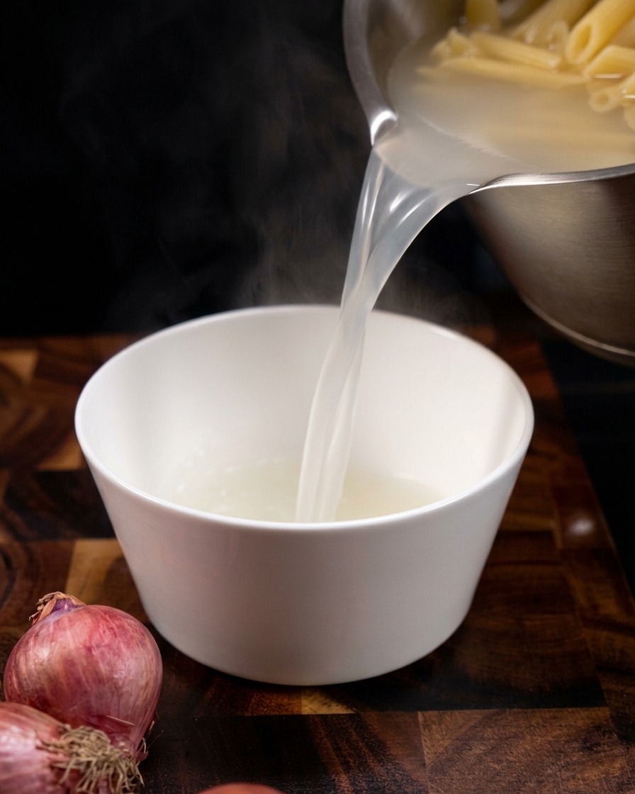 沸騰した鍋から、白く濁った温かいパスタの茹で汁をきれいな白い陶器のボウルにお玉で移している様子。