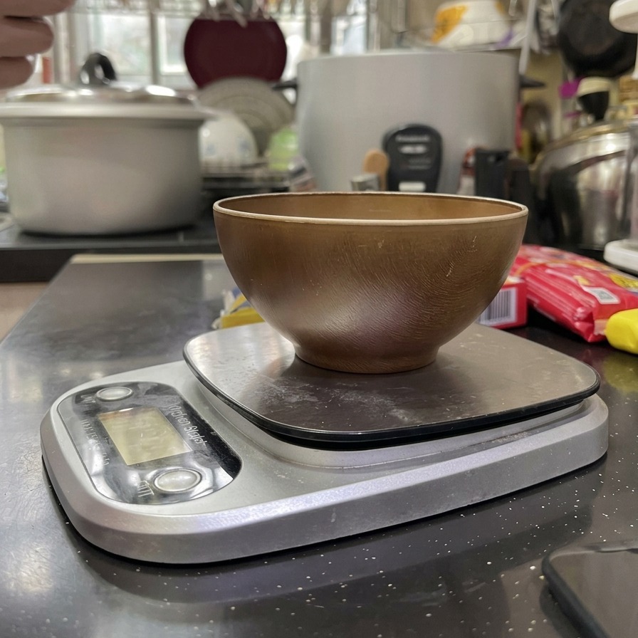 キッチンスケールに置かれた木製のボウルに、緑色のプラスチック袋から乾燥マカロニを注いでいる手。