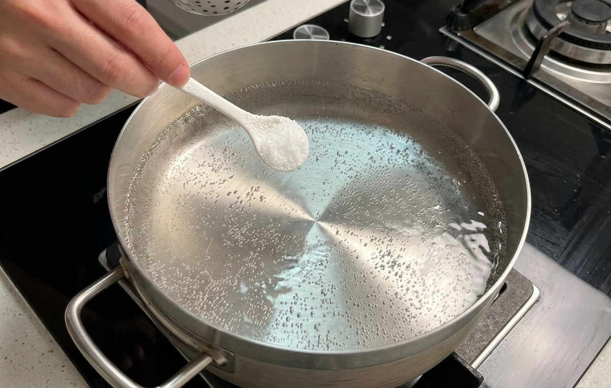 ステンレスの鍋で激しく沸騰しているお湯に、手でスプーン1杯の塩を入れている様子