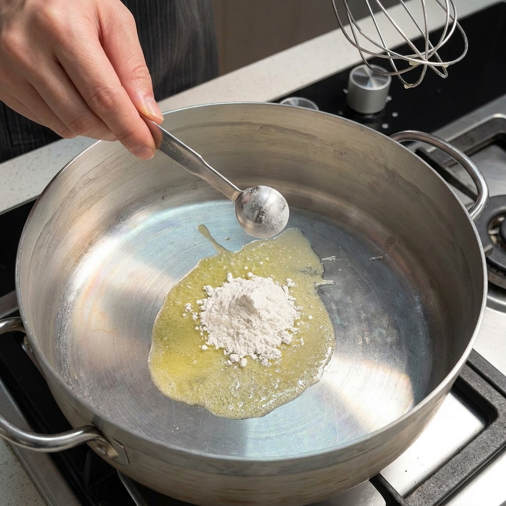 大きな金属製のフライパンで溶かしたバターに、金属製のスプーンで小麦粉を加え、泡立て器で混ぜようとしている様子