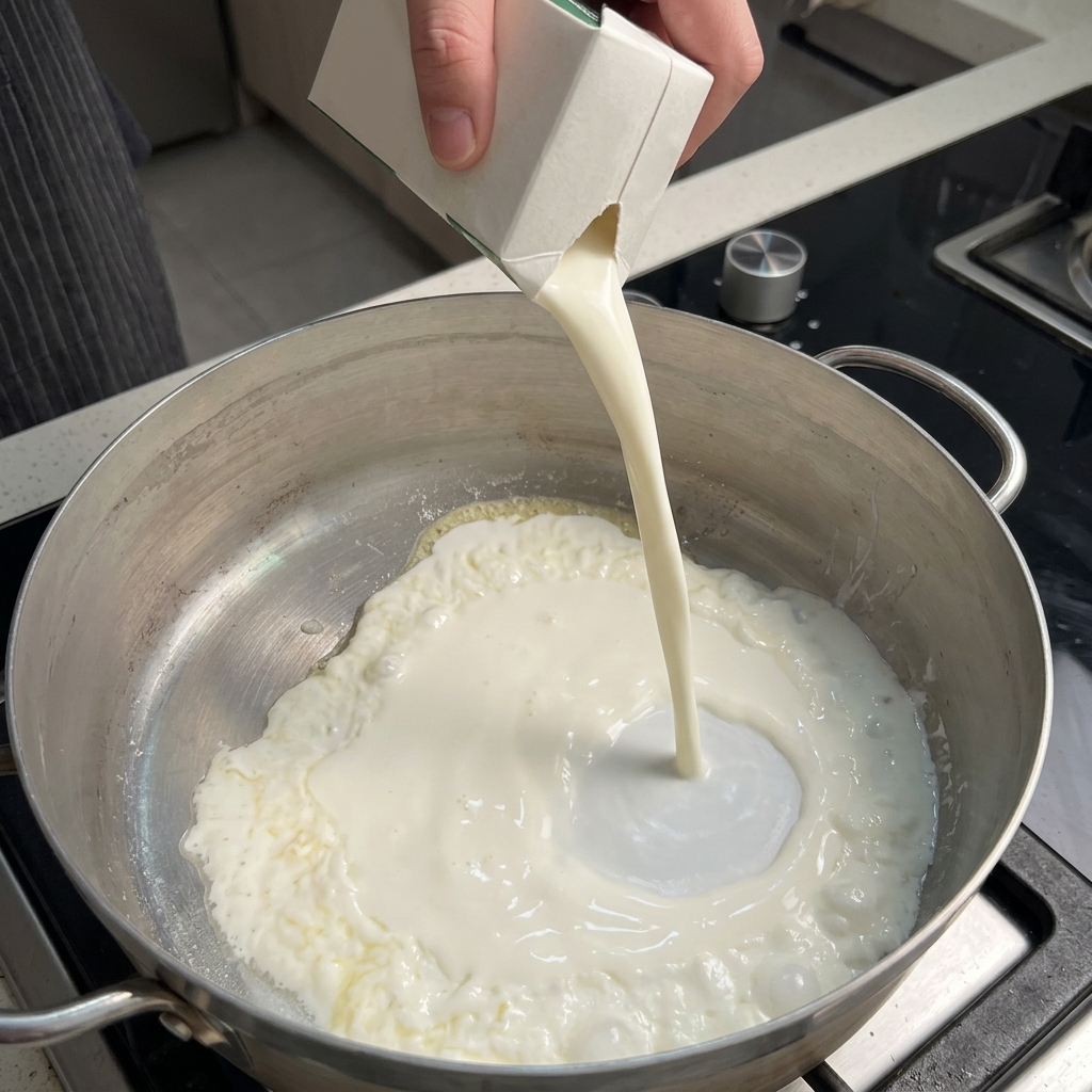 バターと小麦粉を炒めた熱いフライパンに、パックから真っ白な牛乳を注いでいる様子