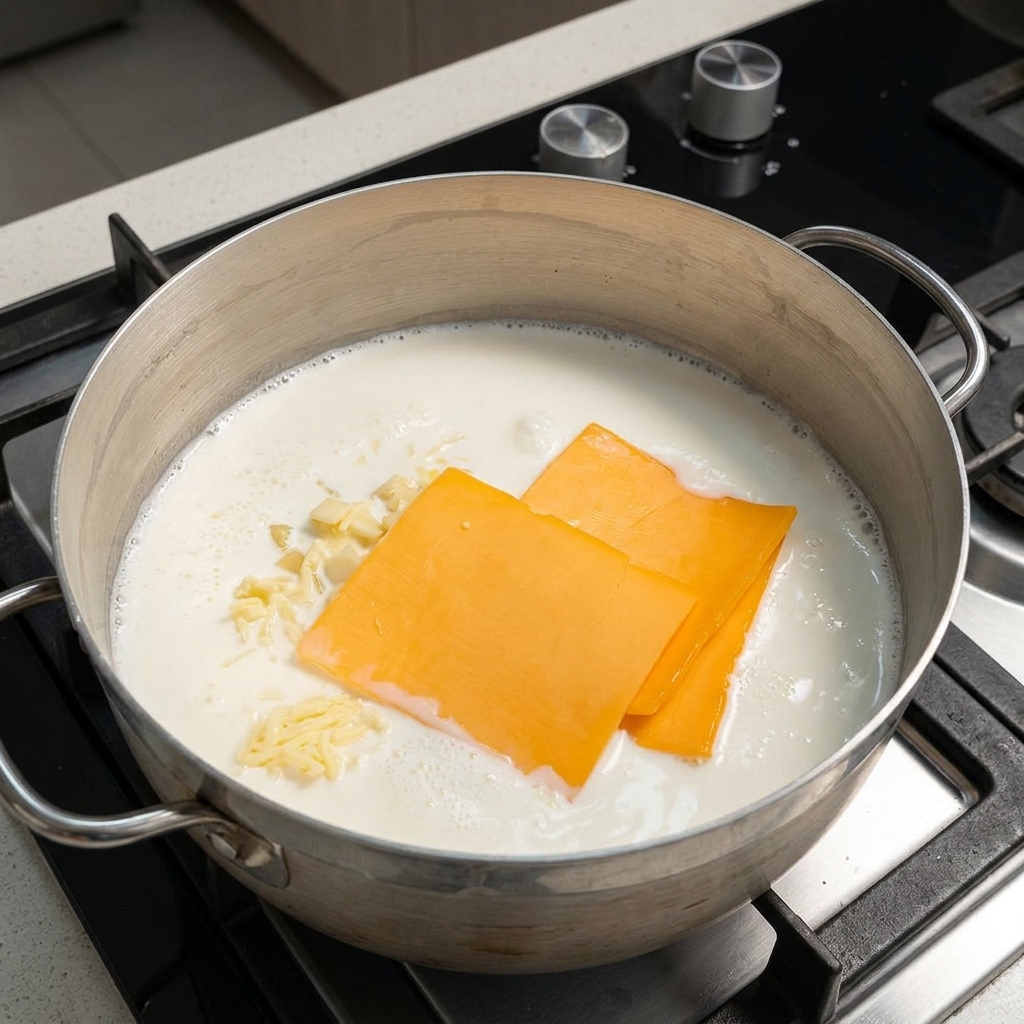 フライパンで軽く煮立たさせた牛乳ベースのソースに、オレンジ色のチェダーチーズと細切りの薄黄色いチーズを入れた様子