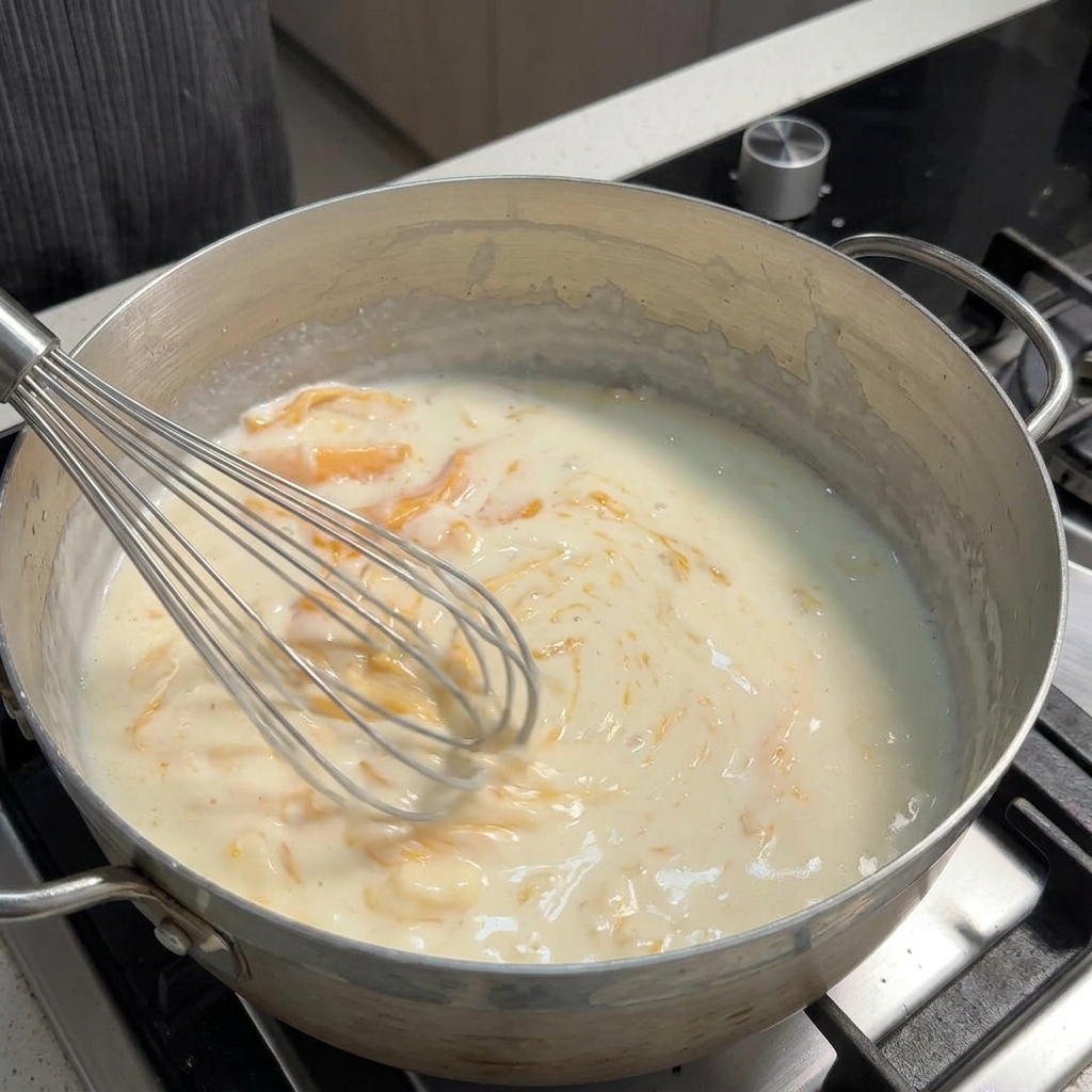コンロの上のフライパンで、泡立て器を使ってとろみのあるクリーミーなチーズソースを絶えず混ぜている様子