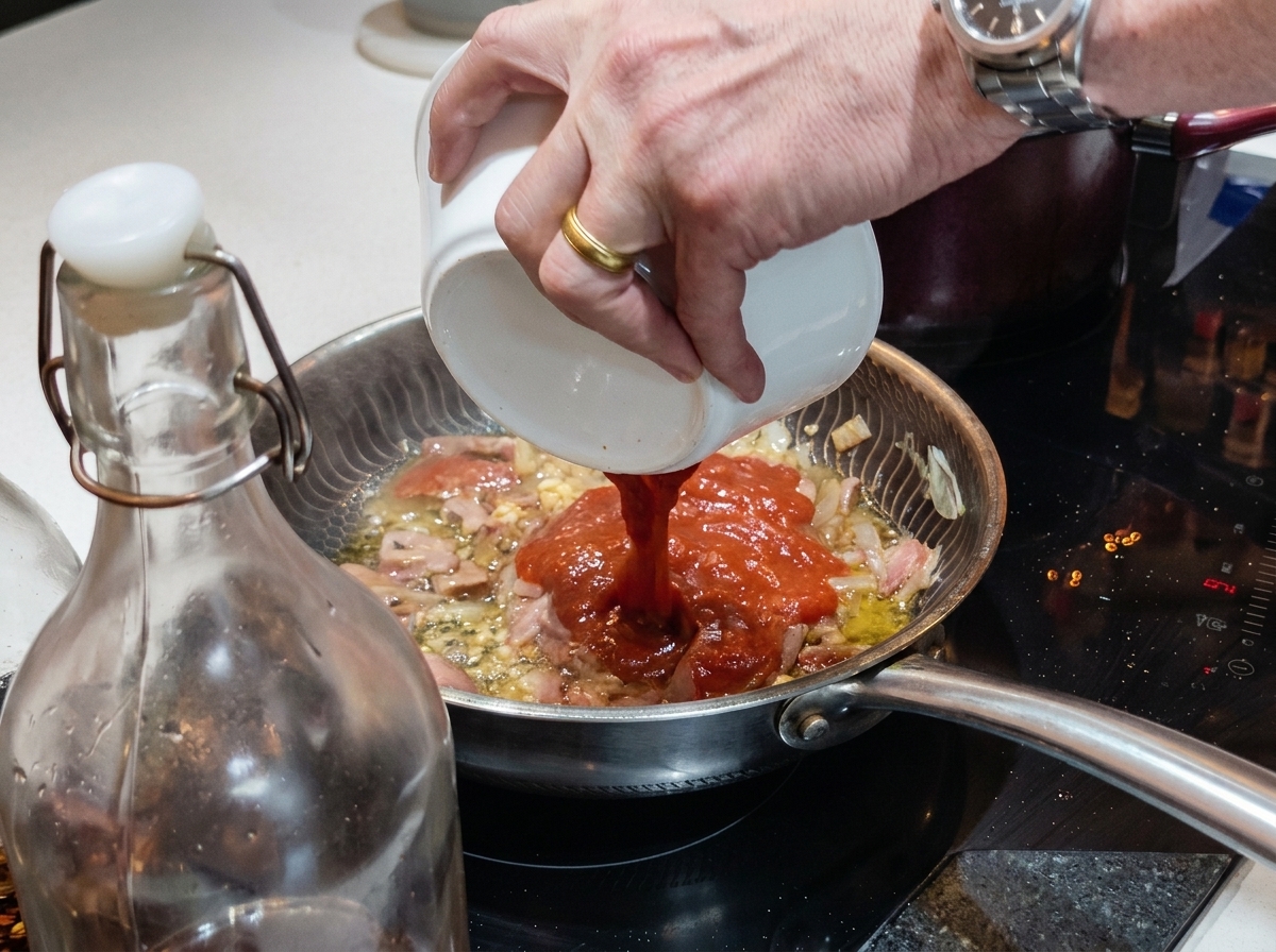 炒めたベーコンと玉ねぎが入ったフライパンに、白い陶器のボウルから真っ赤なトマトソースを注ぎ入れる様子