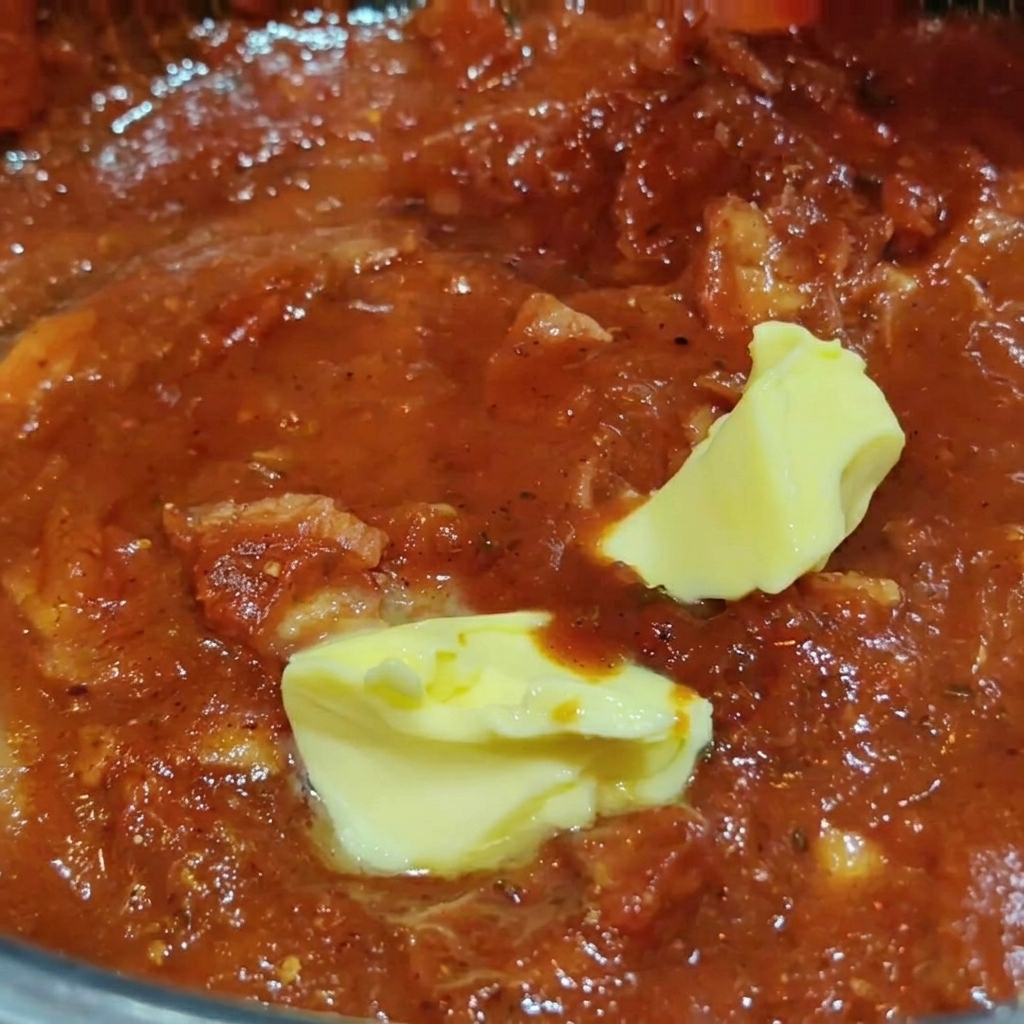 グツグツと煮立つ真っ赤なトマトベーコンソースの中で、黄色いバターがじわじわと溶けていく様子