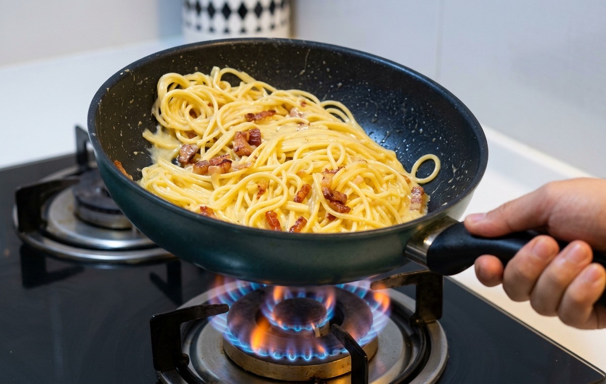 青いガス火の上で、スパゲッティとカリカリのパンチェッタが入ったフライパンをダイナミックに煽って混ぜ合わせている様子。
