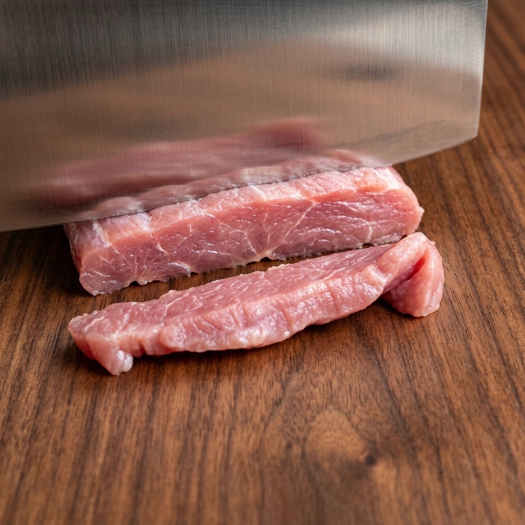 木のまな板の上で、生のピンク色の豚ヒレ肉をステンレス製の中華包丁で細切りにしている接写ショット。
