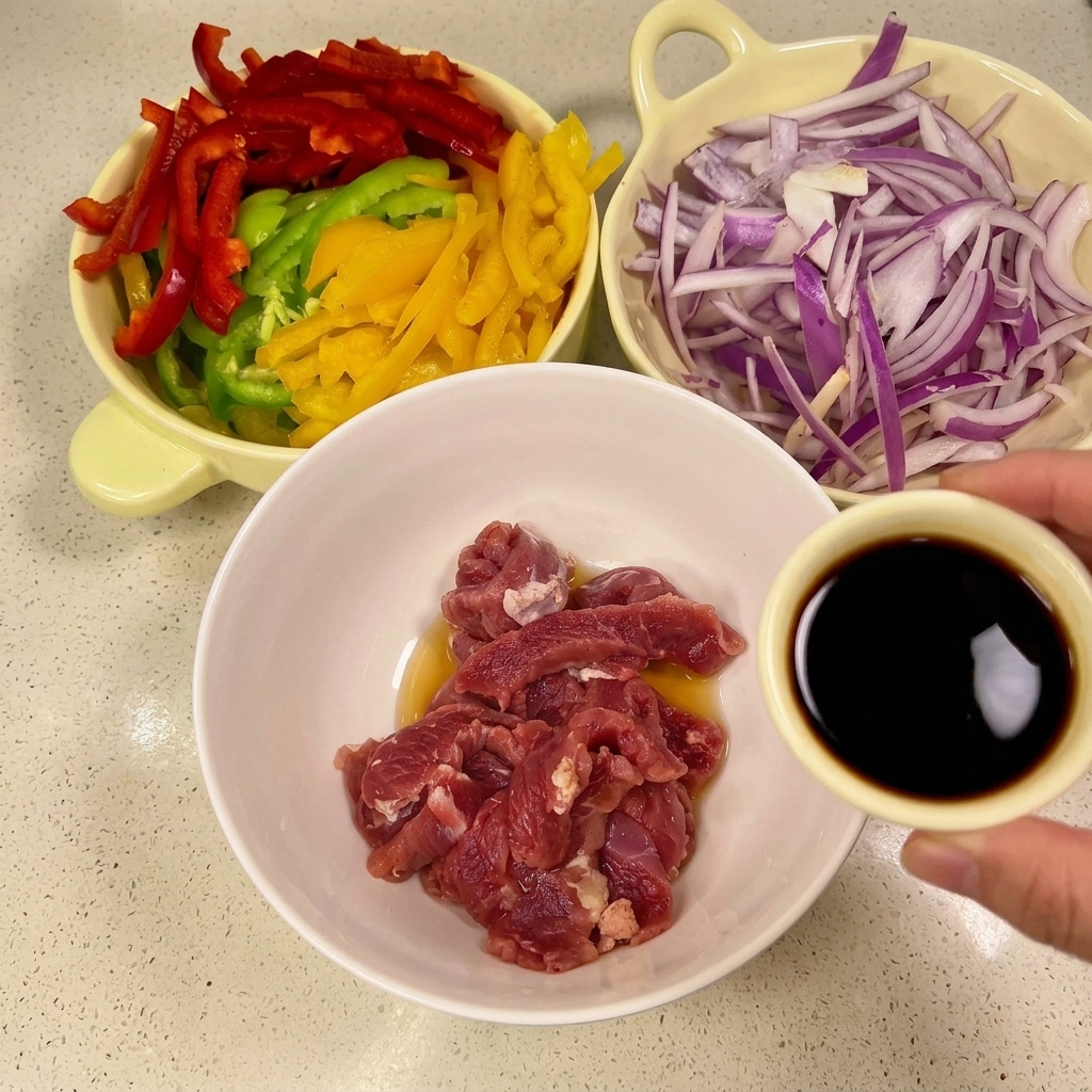 細切りにした生の豚肉が入った白いボウルに、小さな器から中国たまり醤油を注ぐ手。背景にはスライスしたパプリカと玉ねぎのボウルが見える。